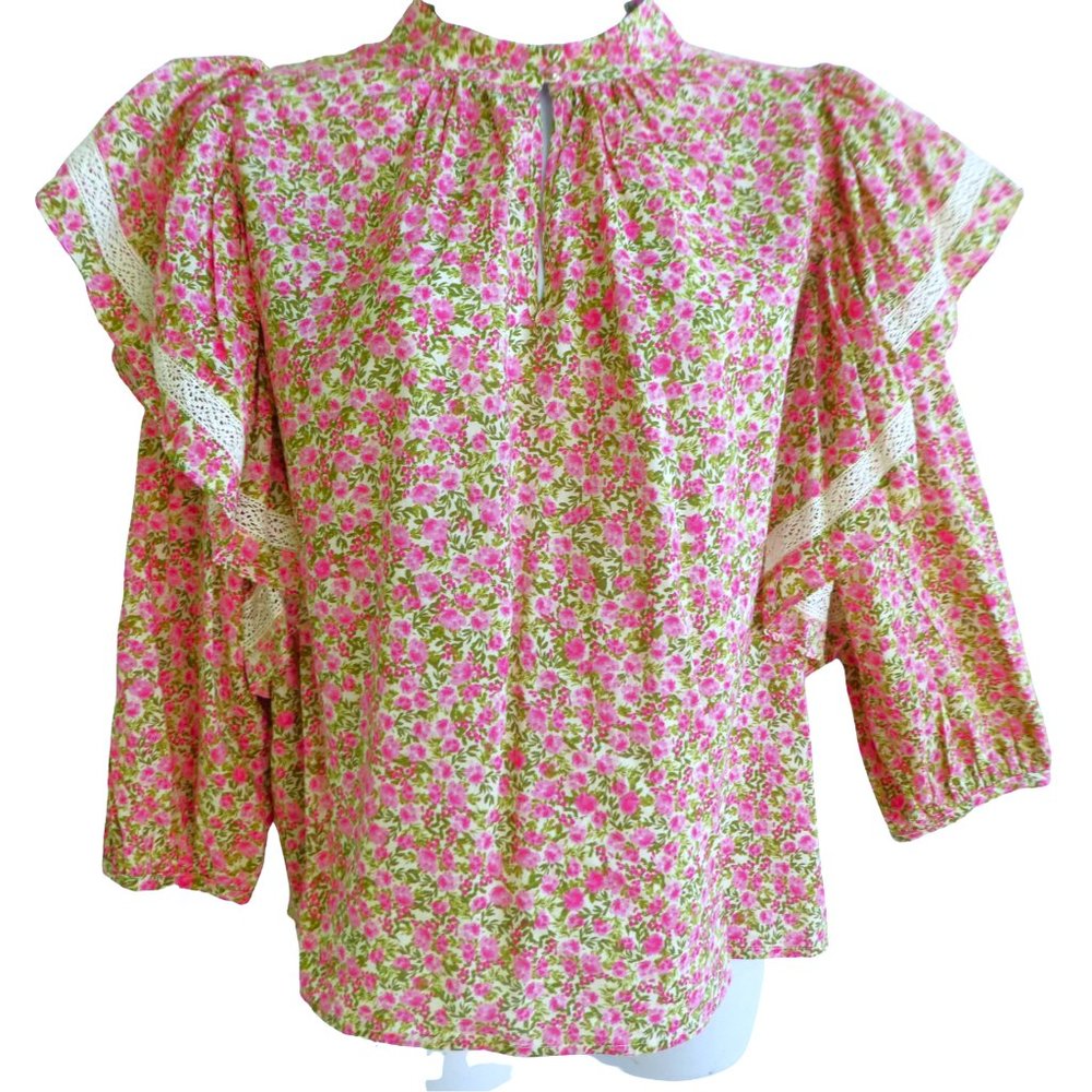 Who What Wear Pink Floral Peasant Blouse Ruffle Lace Puff Sleeves Keyhole M